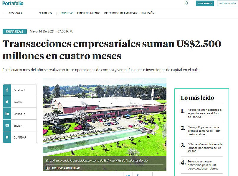 Transacciones empresariales suman US$2.500 millones en cuatro meses